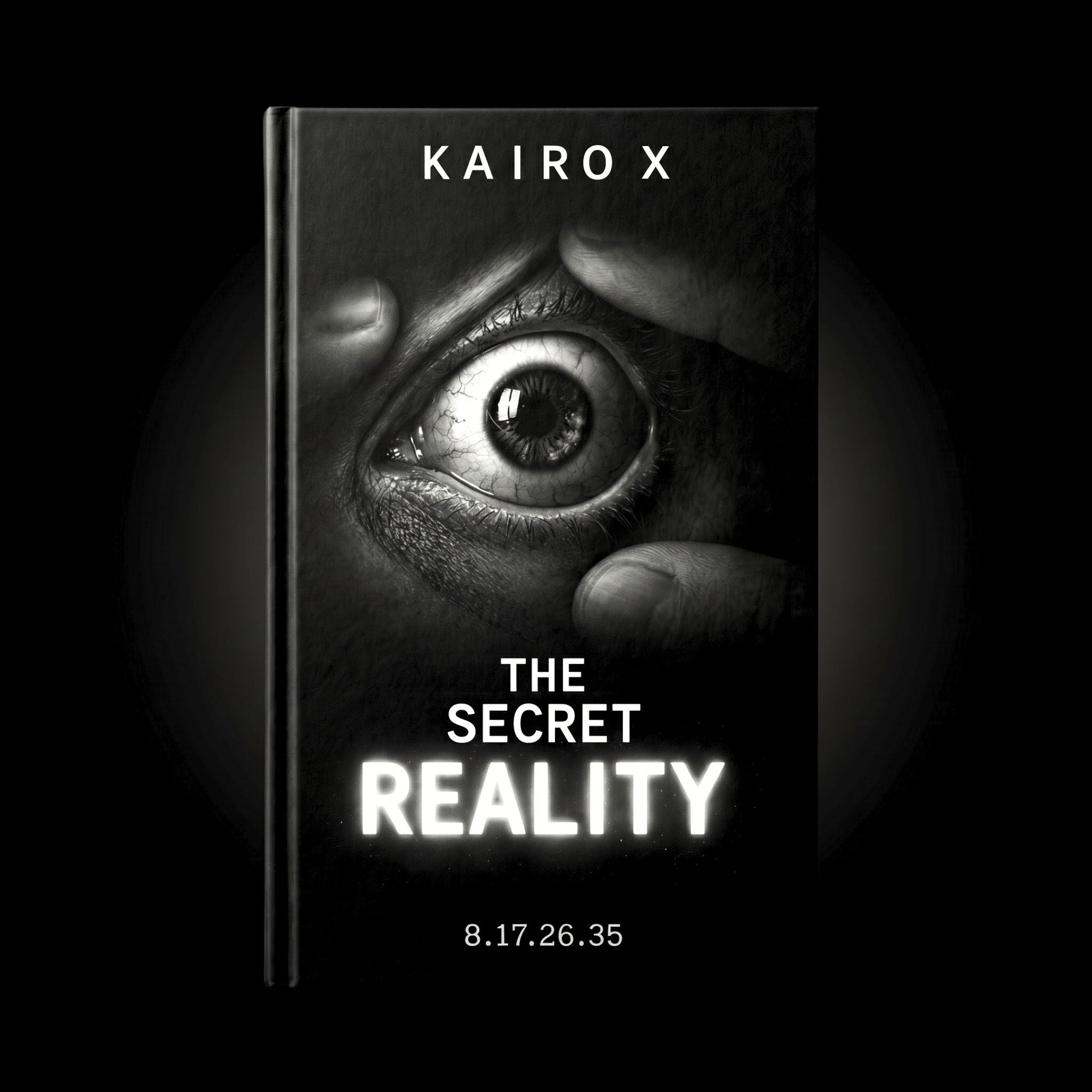 Book cover with an eye design and text 'Kairo X The Secret Reality' on a dark background
